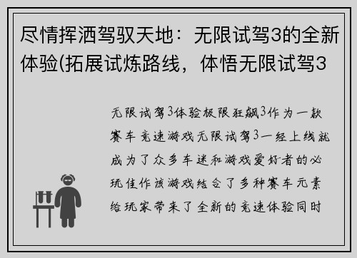 尽情挥洒驾驭天地：无限试驾3的全新体验(拓展试炼路线，体悟无限试驾3全新乐趣！)
